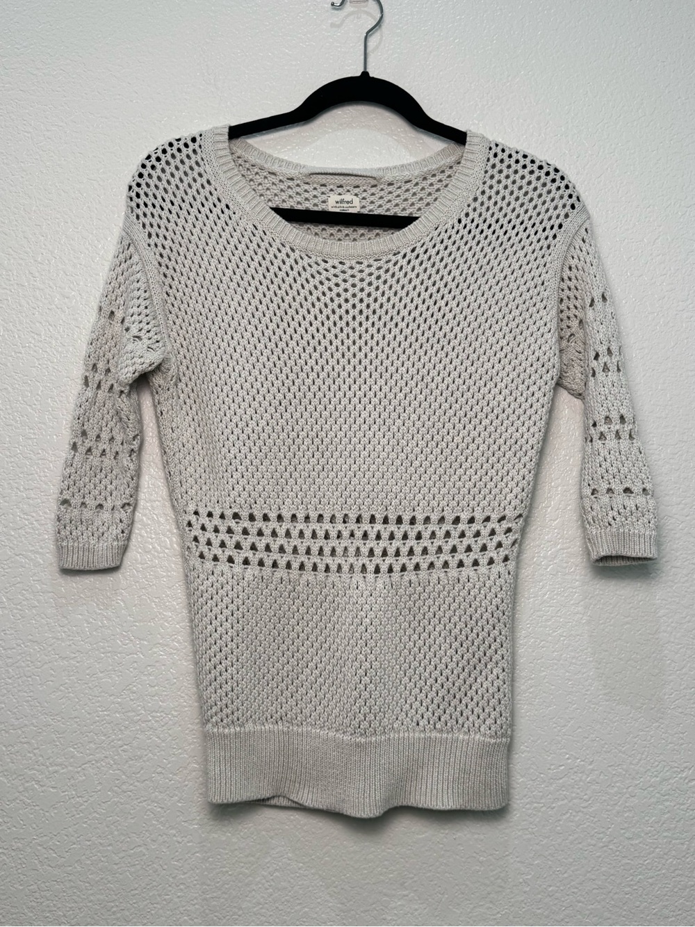 Wilfred Aritzia Sweater XS Gray Silk Cashmere Open Knit Crochet 3/4 Sleeve